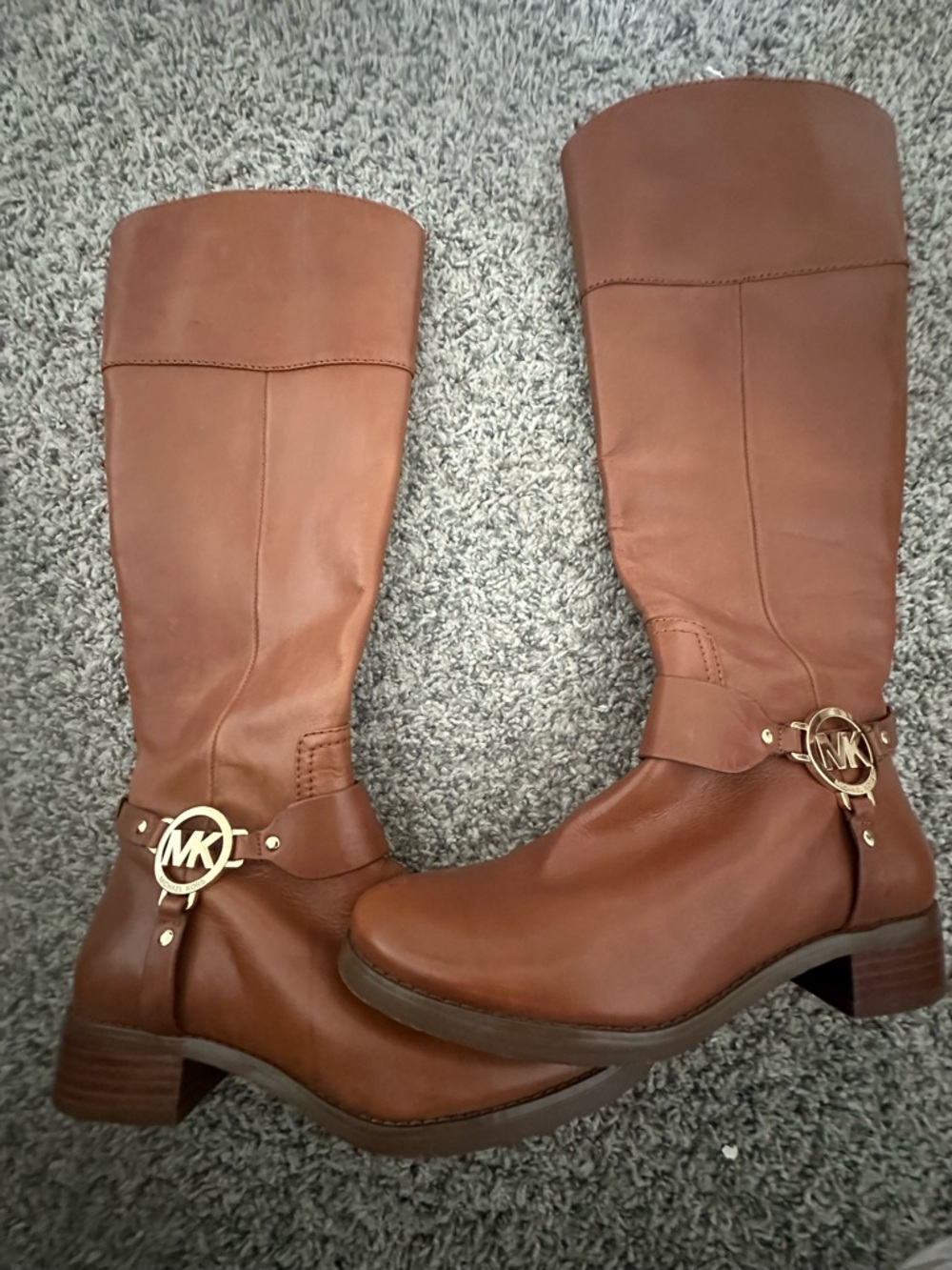 Michael Kors Brown Leather Riding Boots with Gold MK Emblem - Picture 2 of 10